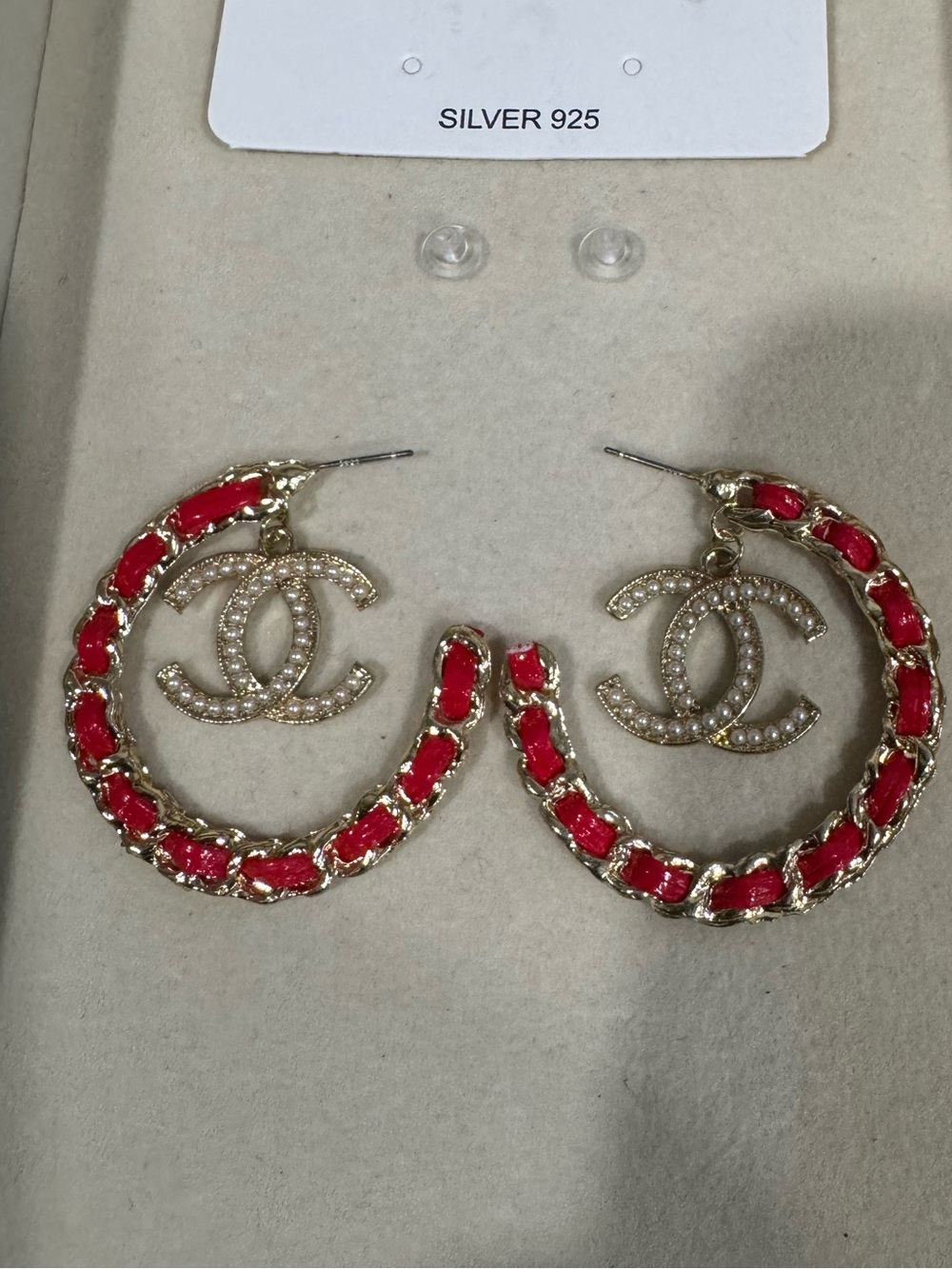 Red & gold with pearl details half hoop earrings